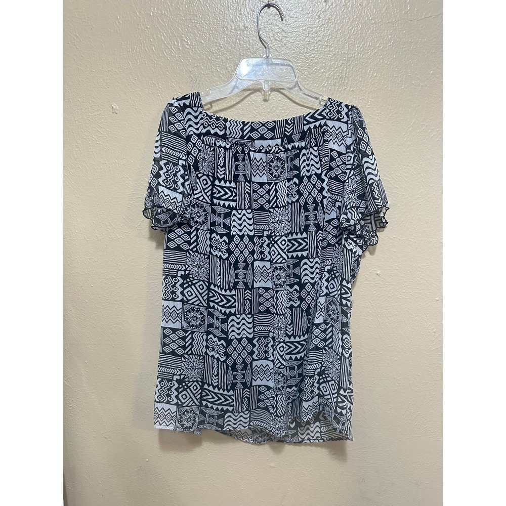 Zac & Rachel Petite Women's Black White Geometric Print Top Blouse PXL